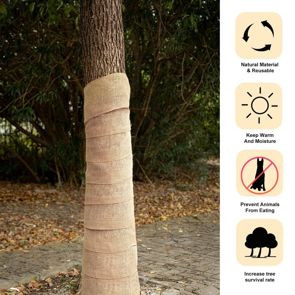 Burlap tree wrap around a trunk with stacked bands, reusable winter cover