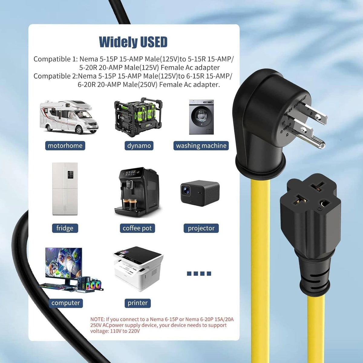 Yellow 1 ft extension cord with black NEMA 5-15P plug and right-angle adapter