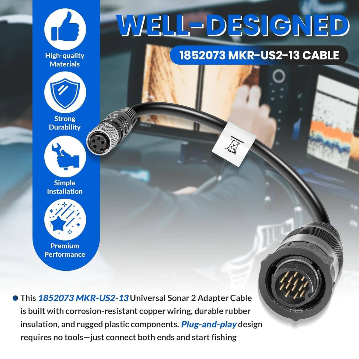 Universal sonar adapter cable with two rugged black connector housings and braided tips.