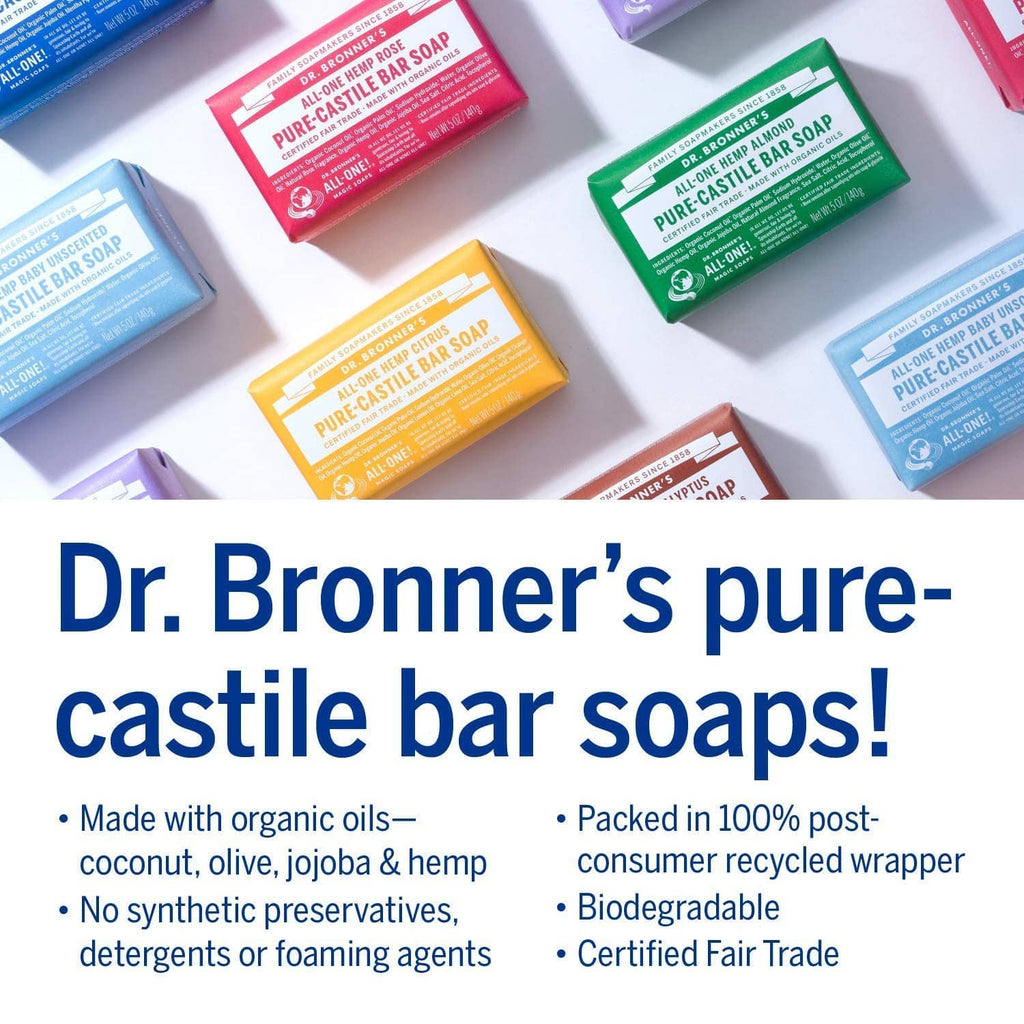 Assorted Dr. Bronner's Pure-Castile bar soaps in blue, orange, green, and red