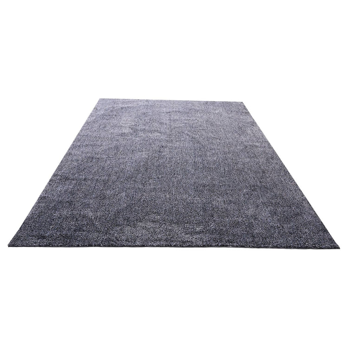 Gray plush area rug, large rectangular shape, evenly textured pile