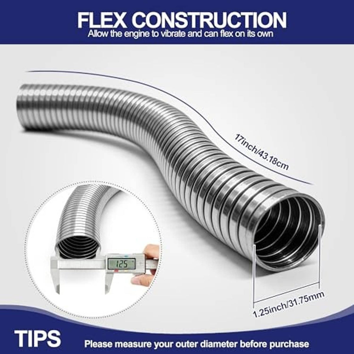 Stainless steel flex exhaust pipe with ribbed surface, one end open