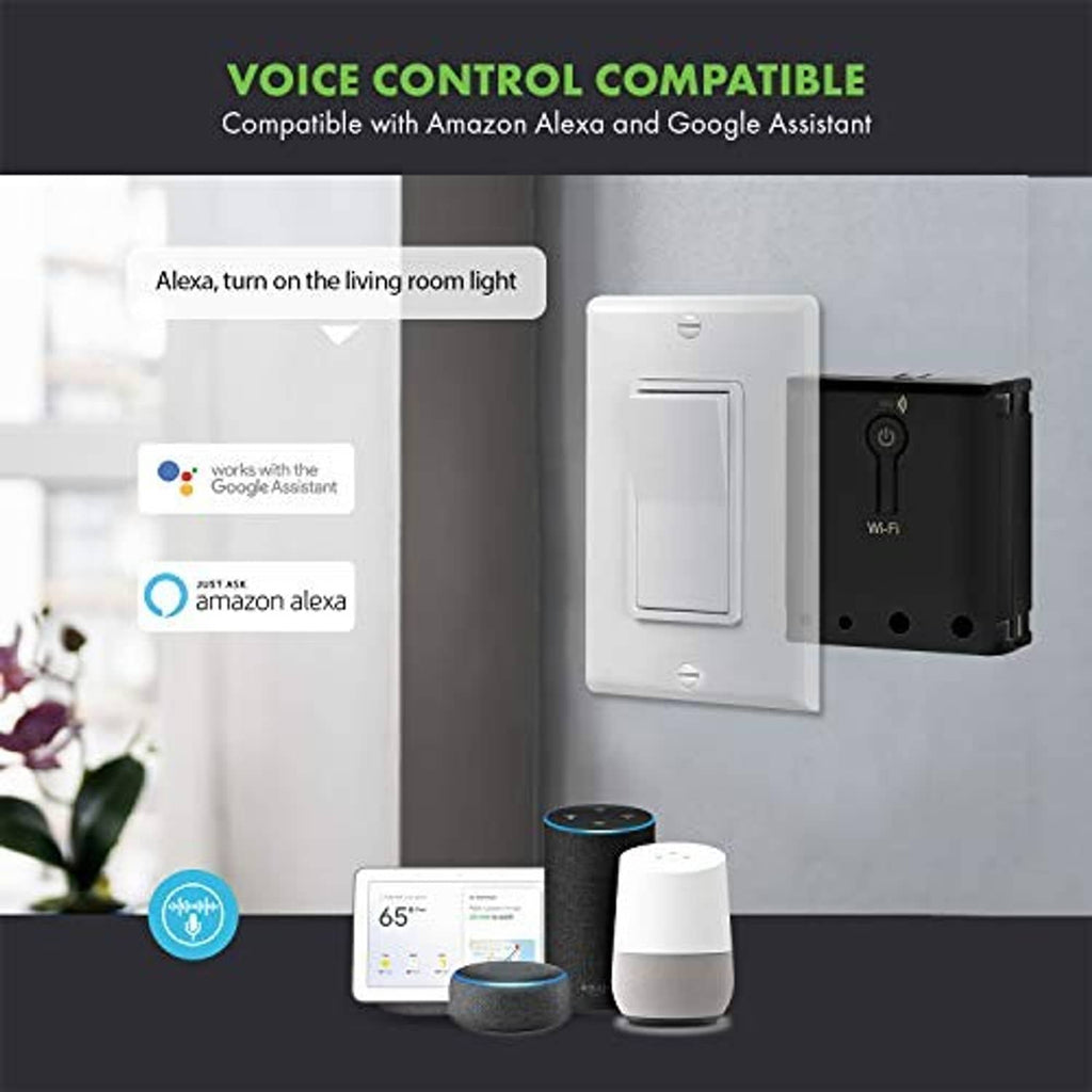 Black Wi‑Fi relay module beside a white wall light switch plate