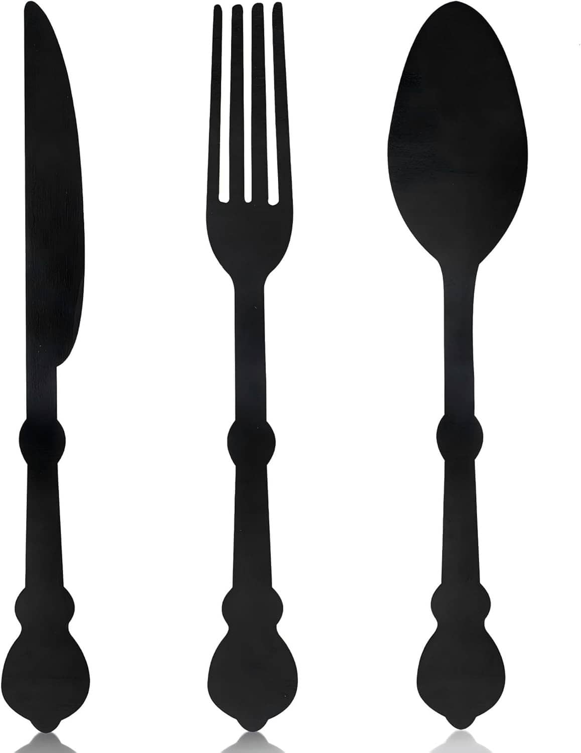 Black wooden knife, fork, and spoon wall decor set, three utensil silhouettes