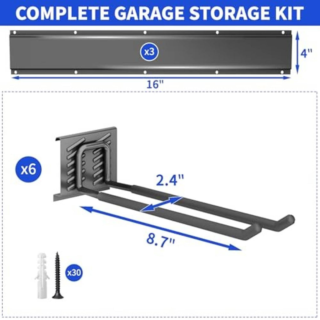 Straight-hook wall mount rack with included hardware pieces, dark gray.