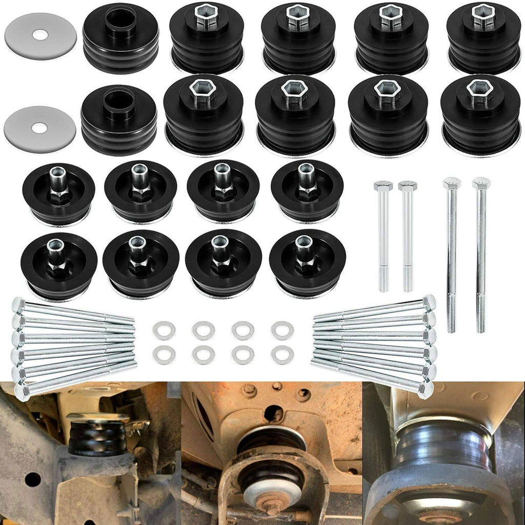 Body cab mount bushing kit showing black bushings, steel washers, and bolts