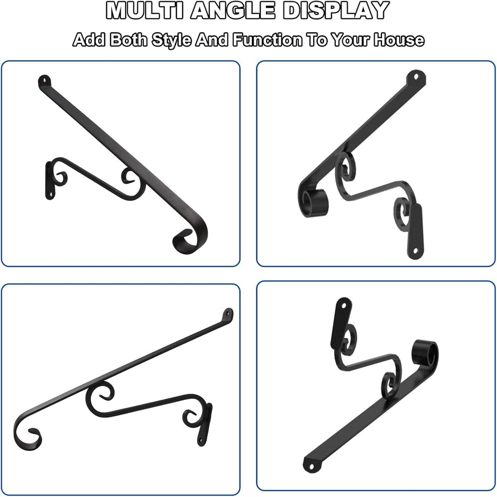 Wrought iron stair handrail shown from multiple angles with curved grip