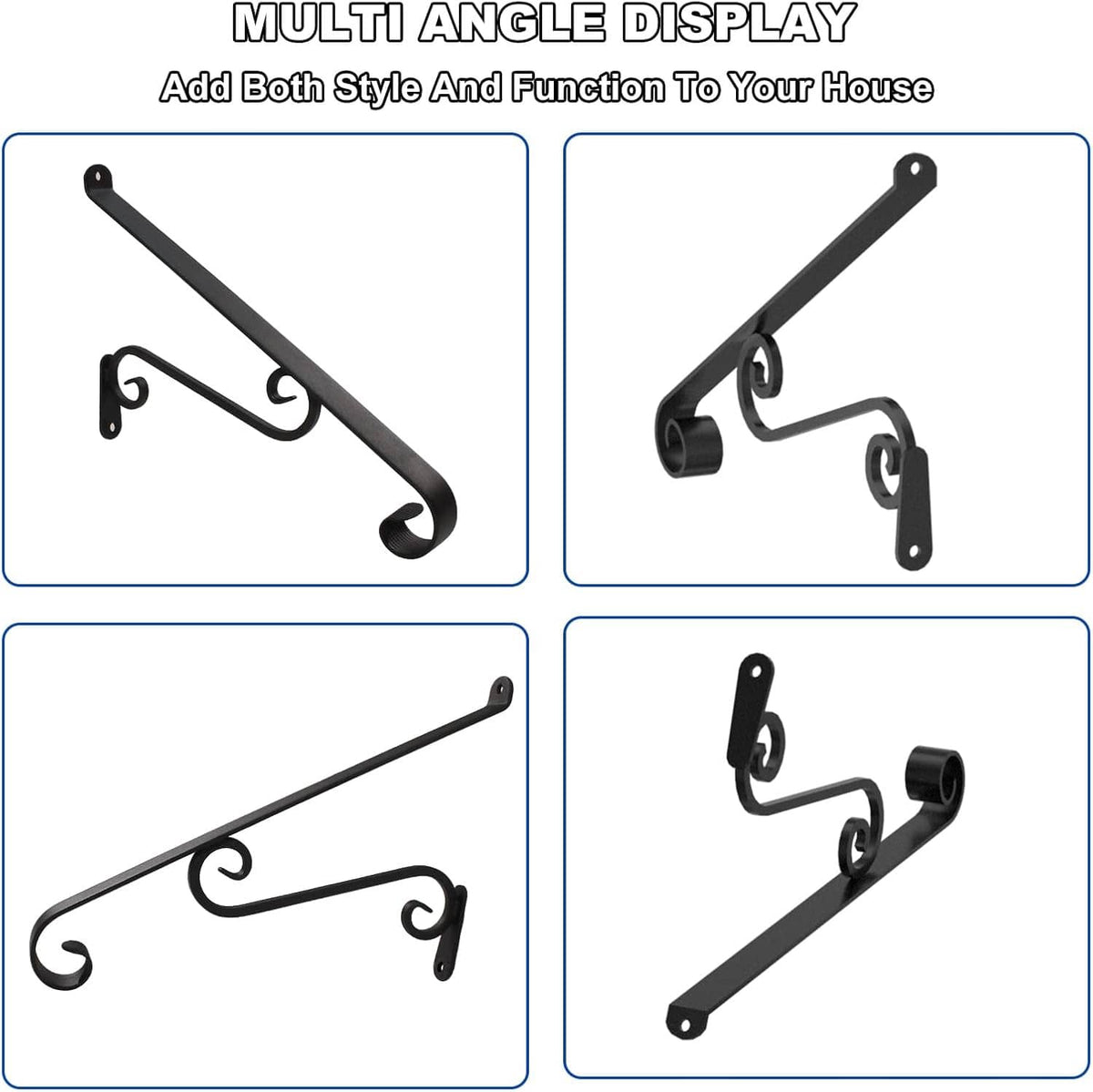 Wrought iron stair handrail shown from multiple angles with curved grip