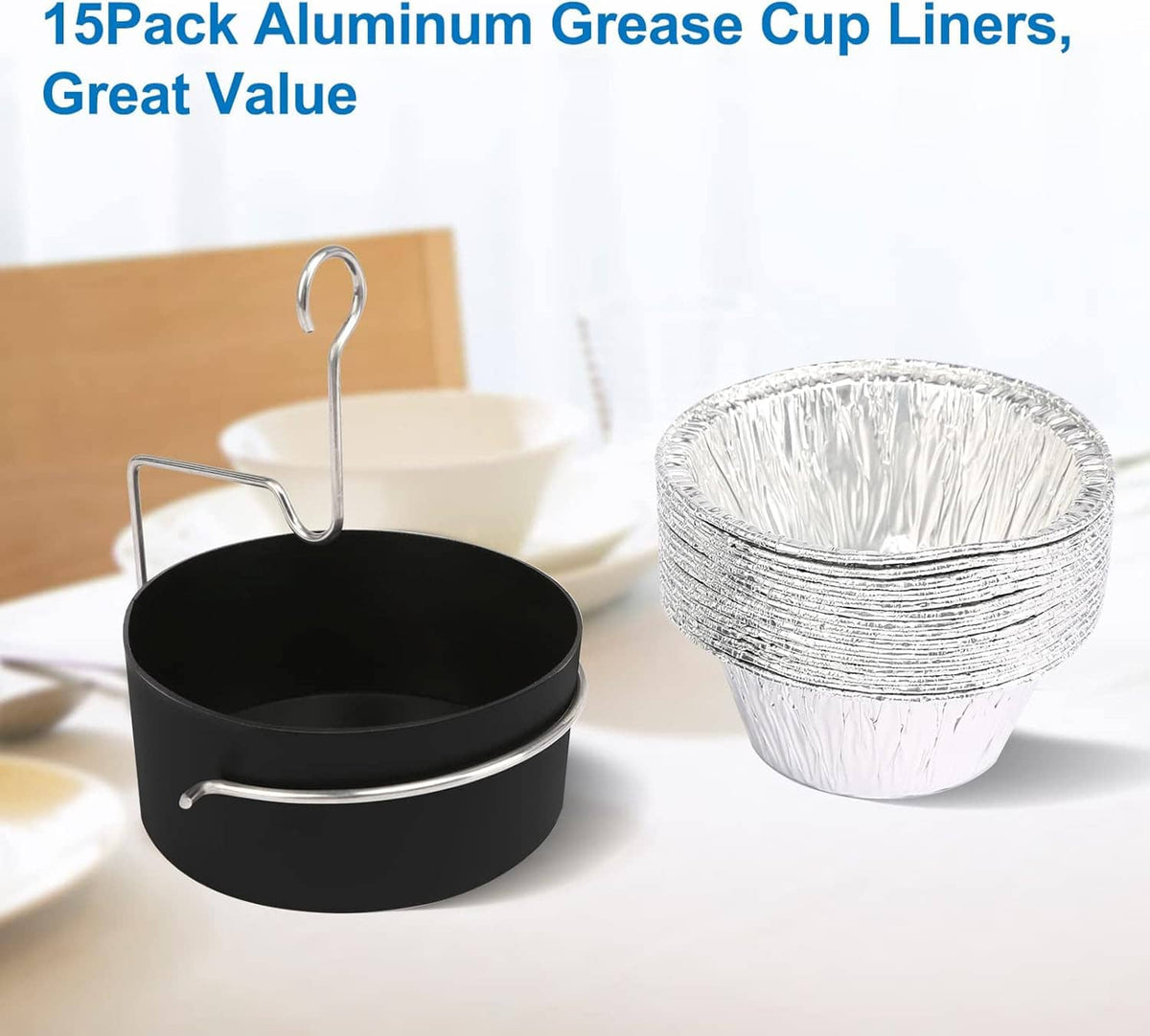 Black grease cup holder with metal clip and stack of aluminum foil grease cup liners
