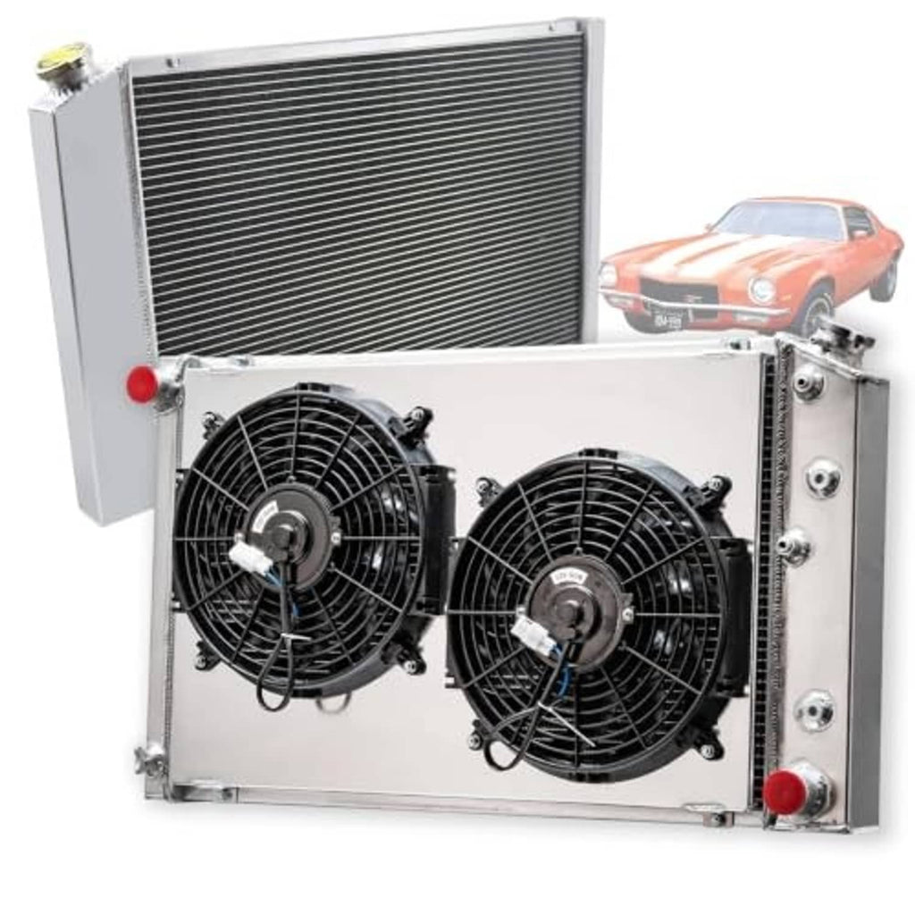 Aluminum radiator with two front-mounted electric fans and side mounting hardware