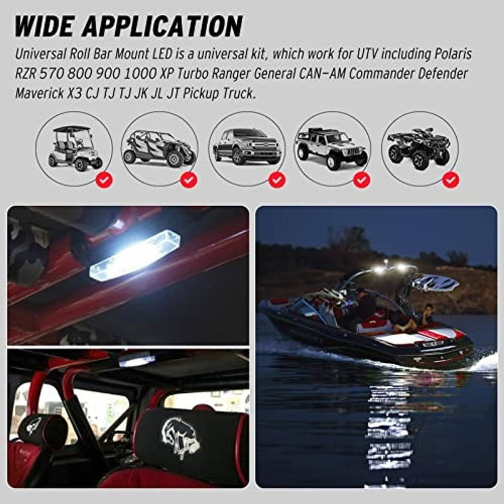 Universal roll bar mount LED light kit for vehicle cabins with black strap mount
