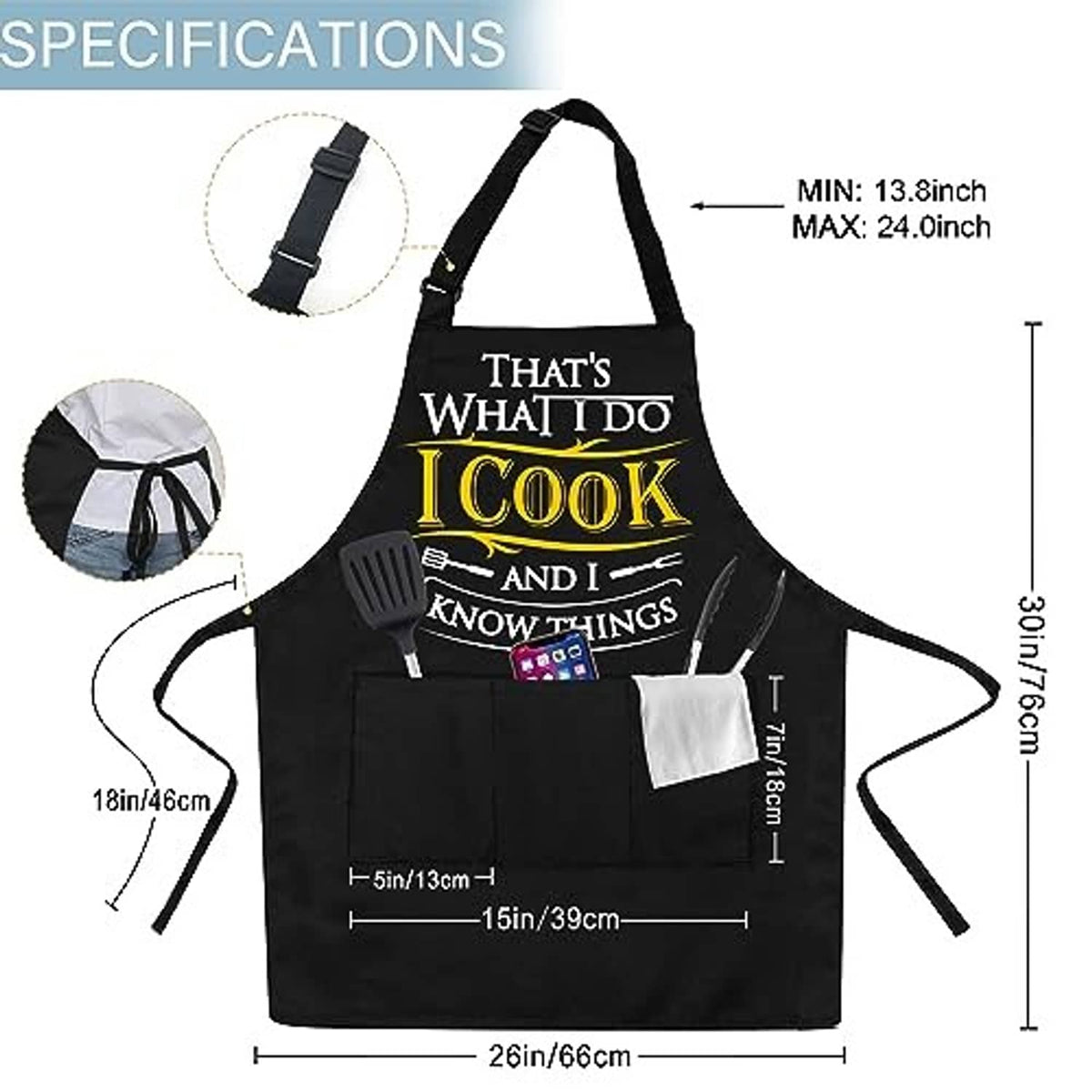 Black canvas chef apron front with cross-back straps, chest print, and large pocket