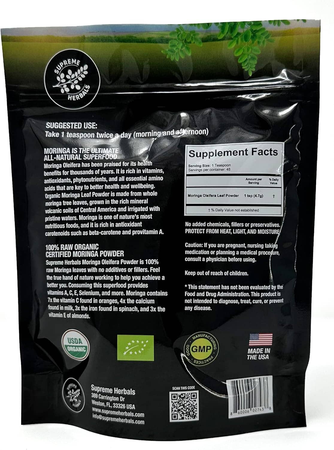Moringa leaf powder pouch, back panel with Supplement Facts and ingredient information