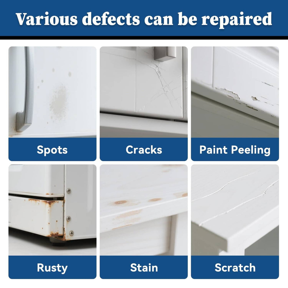 White multi-surface touch up paint for repairing spots, cracks, peeling, rust, stain