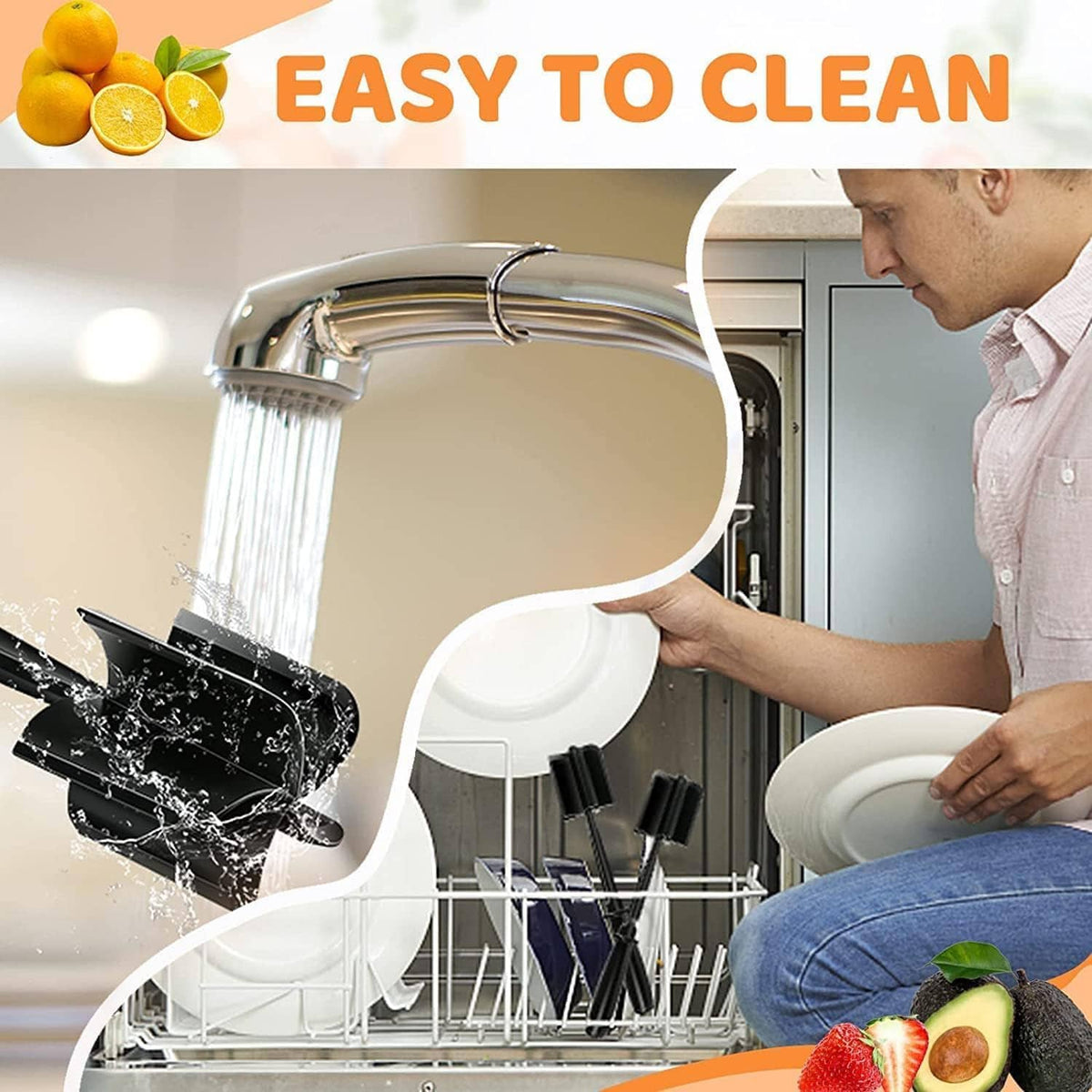 Black meat chopper set near dishwasher; water cleaning spray shown with tool