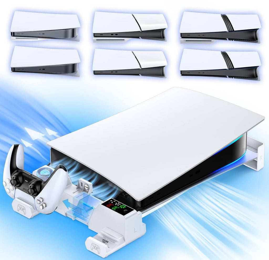 White horizontal console stand with cooling fan and dual controller charger dock