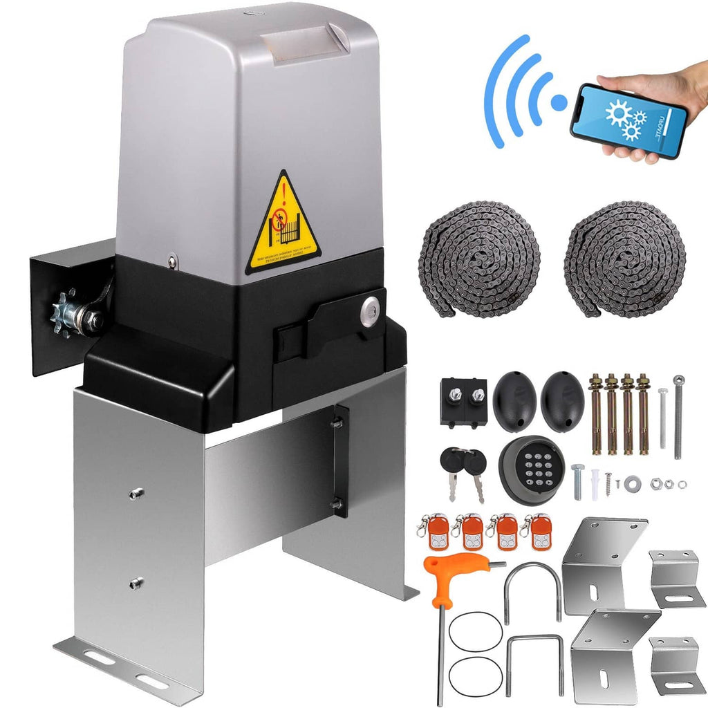 Automatic sliding gate opener motor unit with warning label and mounting brackets