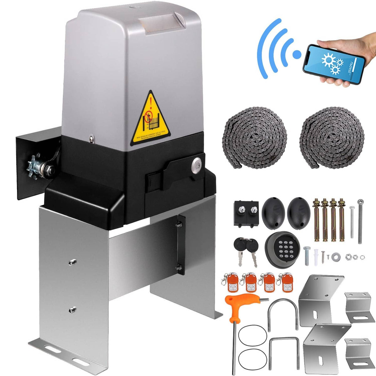 Automatic sliding gate opener motor unit with warning label and mounting brackets