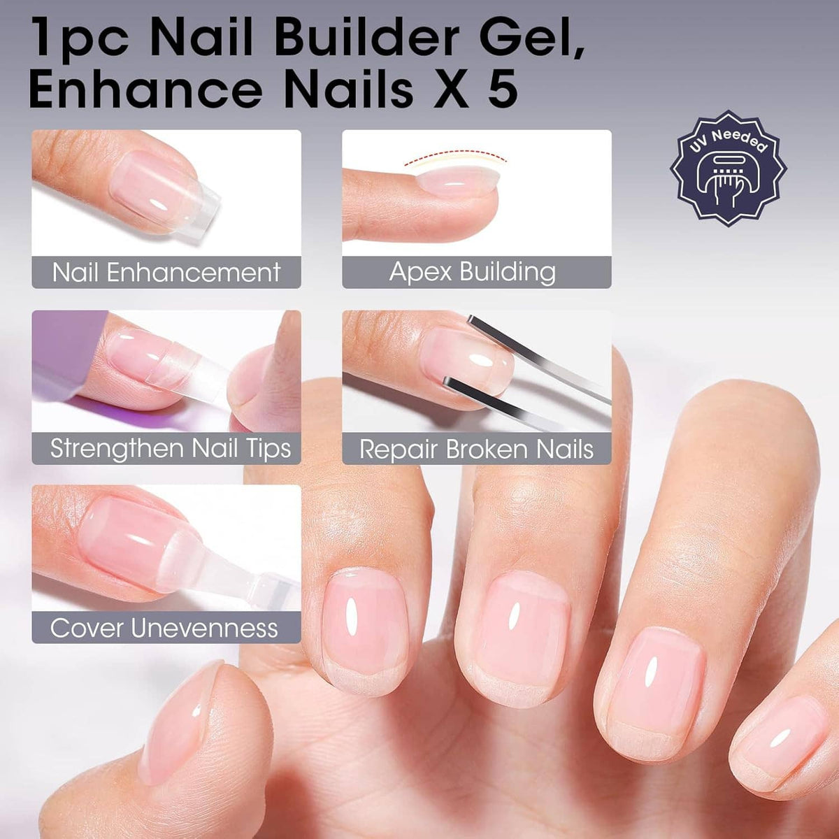Nail builder gel on fingertips for enhancement, apex building, strengthening, repair