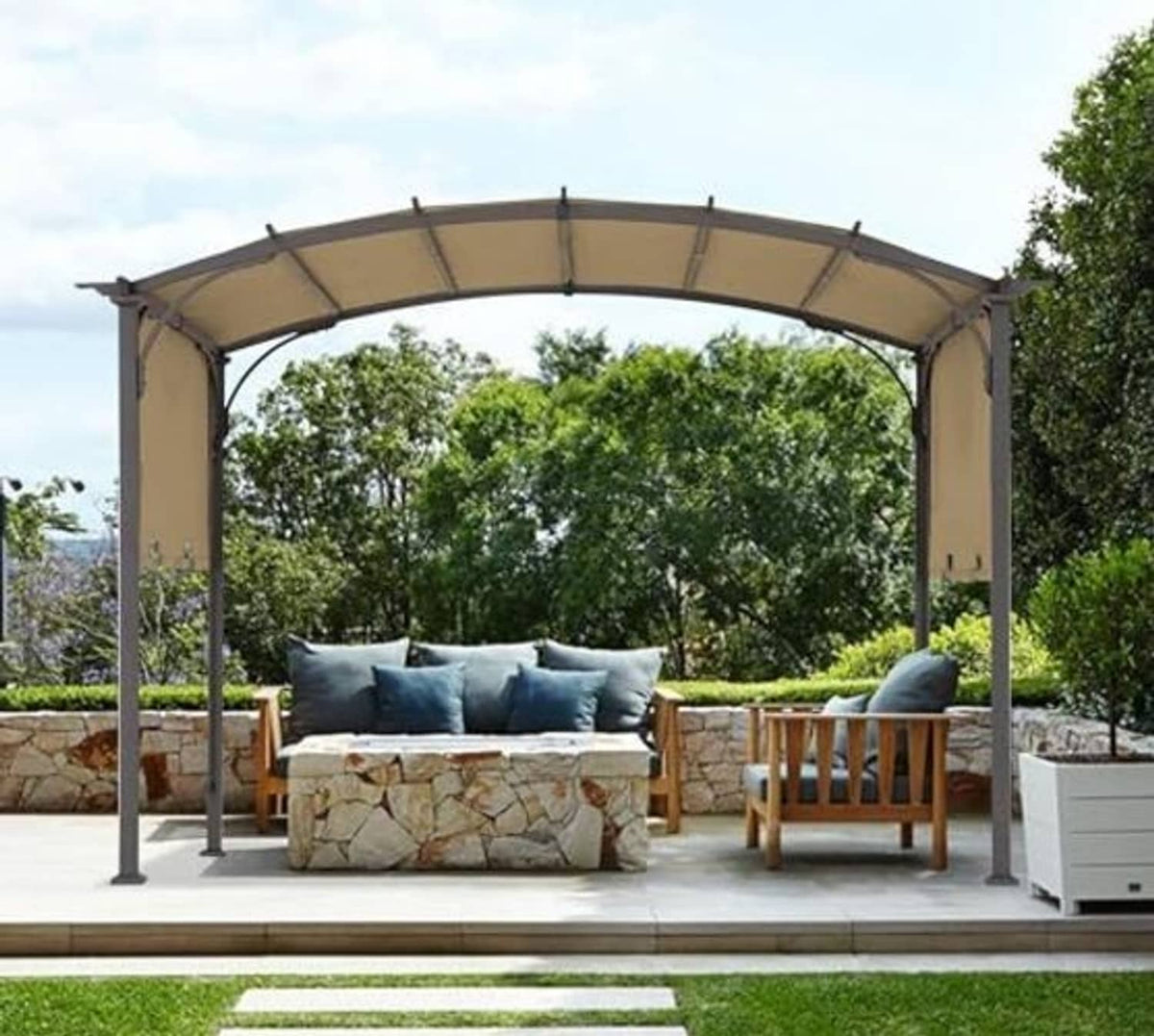 Khaki pergola canopy cover installed over outdoor lounge seating