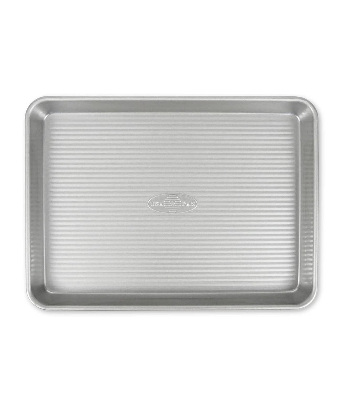 Aluminized steel quarter sheet baking pan with nonstick ridged interior and rim