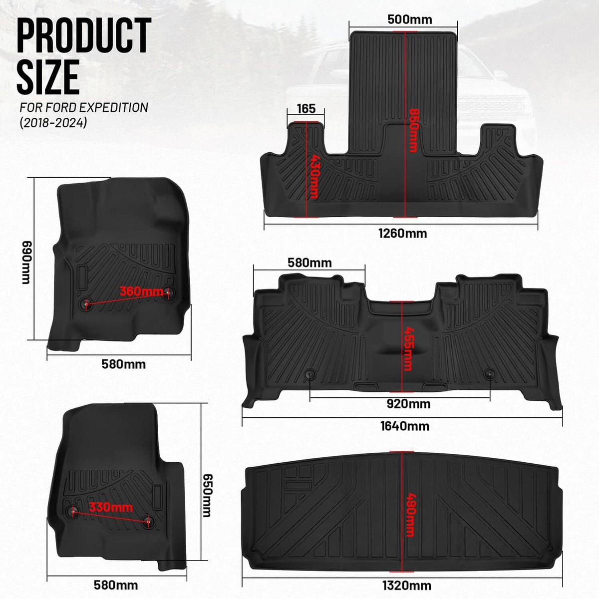 Black cargo liner and floor mat set shown with overall dimensioned outline