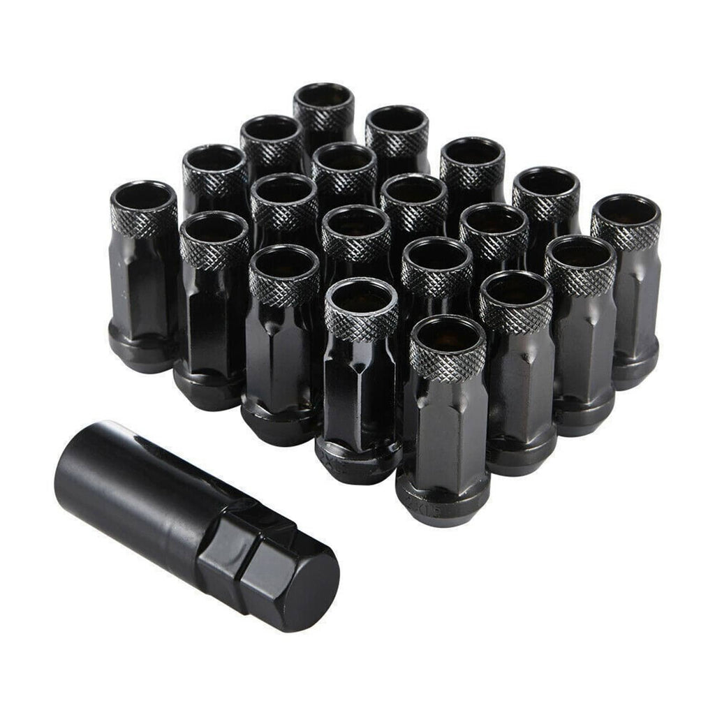 Set of black extended wheel lug nuts with open-end hex and knurled grip