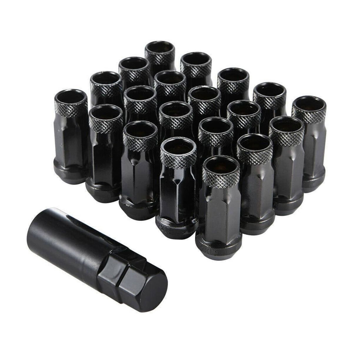 Set of black extended wheel lug nuts with open-end hex and knurled grip
