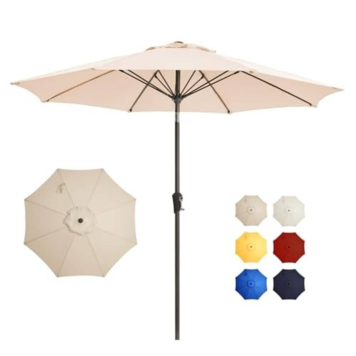Beige patio market umbrella with open canopy and upright support pole.