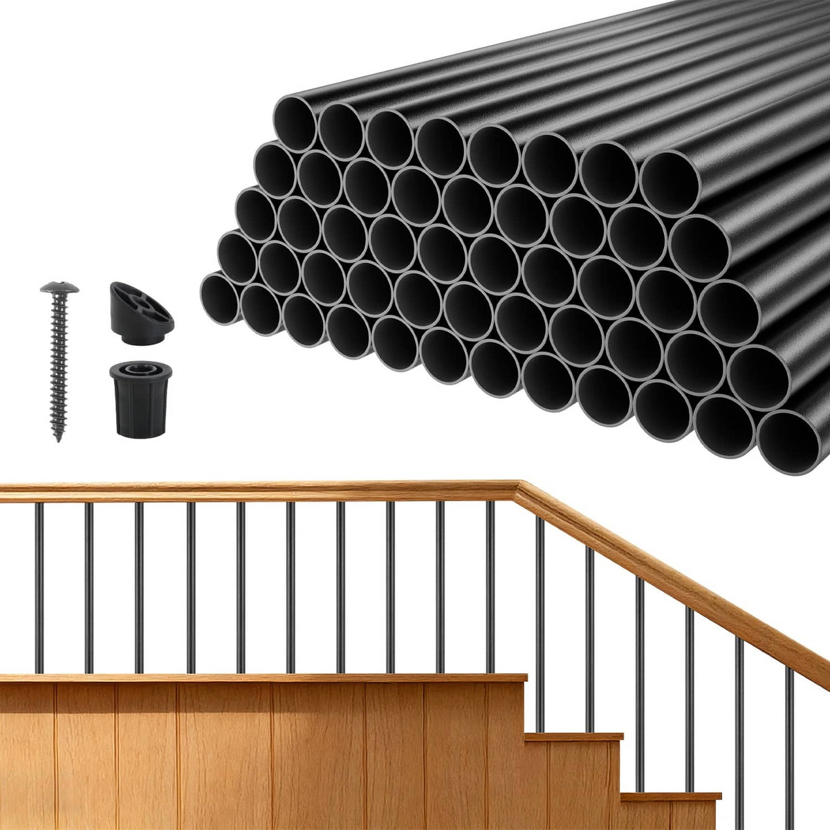 Black aluminum deck baluster tubes, round 3/4 in, bulk pack of 125 spindles