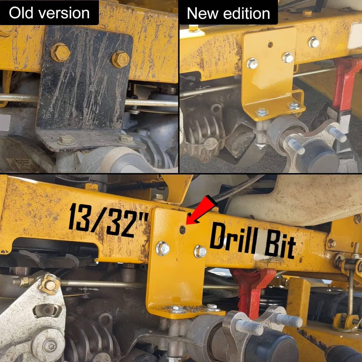 Yellow mower transmission bracket with bolts, showing drill-bit mounting area