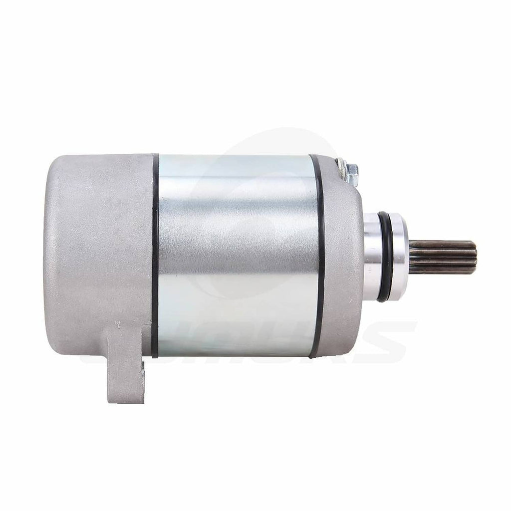 Starter motor three-quarter side view with output shaft and black band, silver-gray housing