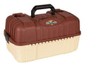 Large fishing tackle box with brown lid, cream base, and black carry handle