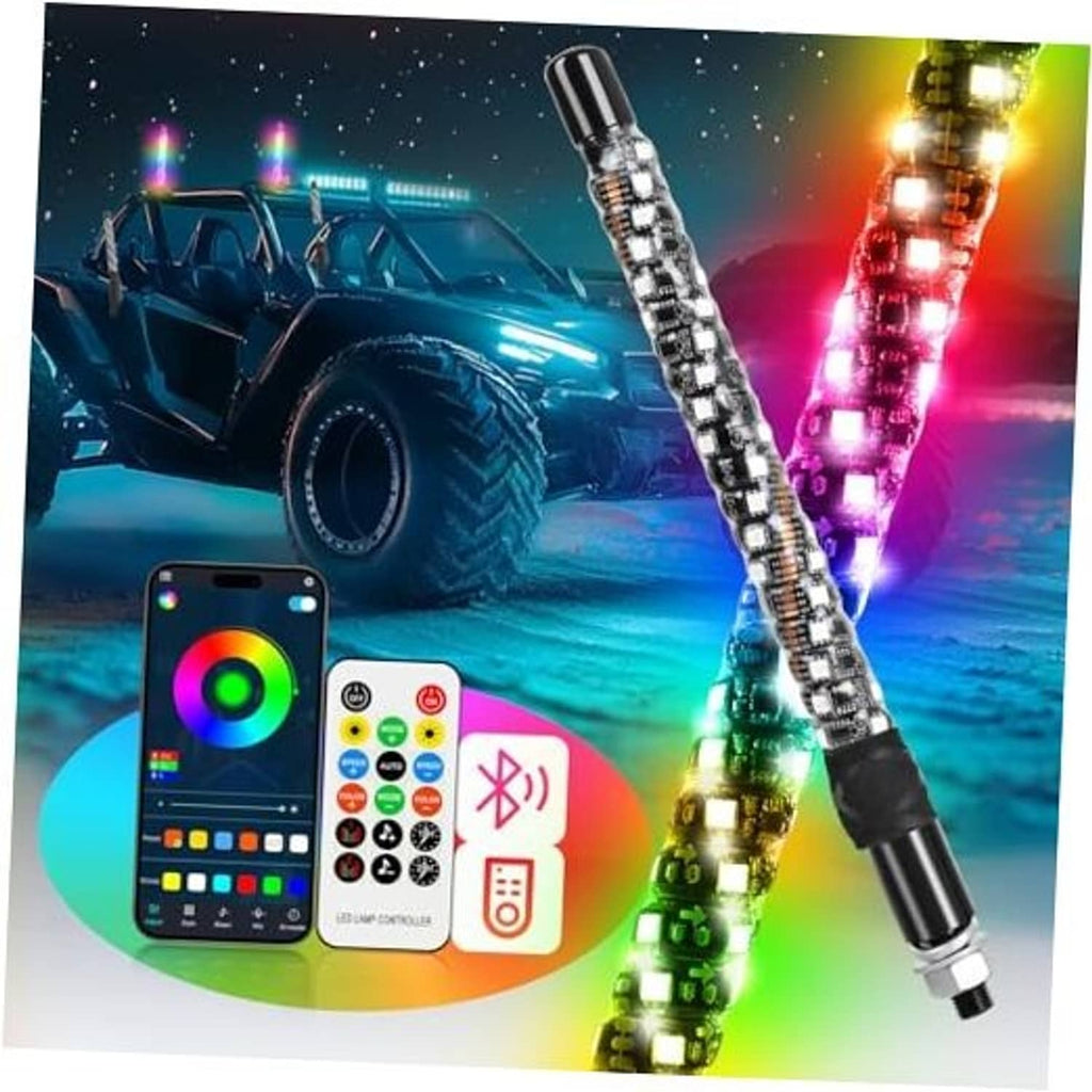 Spiral LED whip lights with app/remote controller for UTVs, two waterproof light tubes