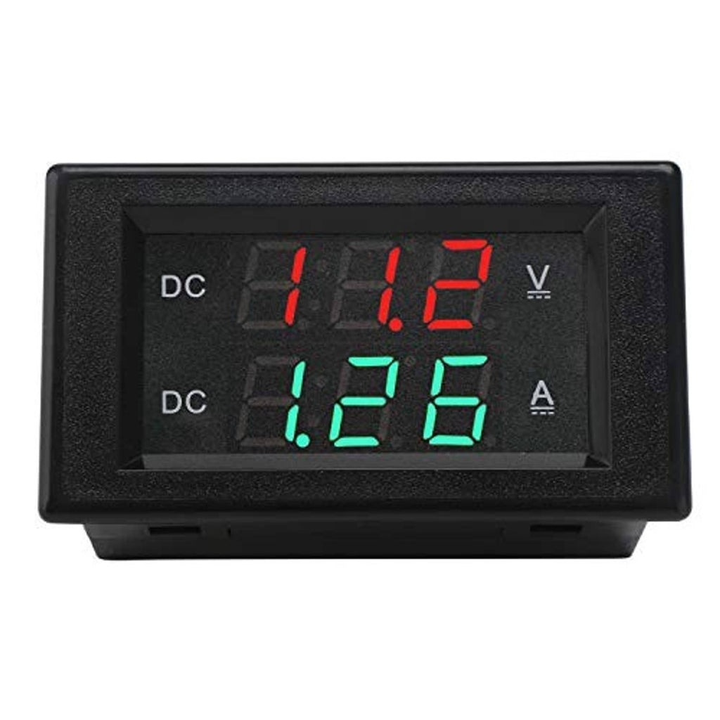 DC voltmeter ammeter panel meter front display with red voltage 1.12 and green current 0.26.