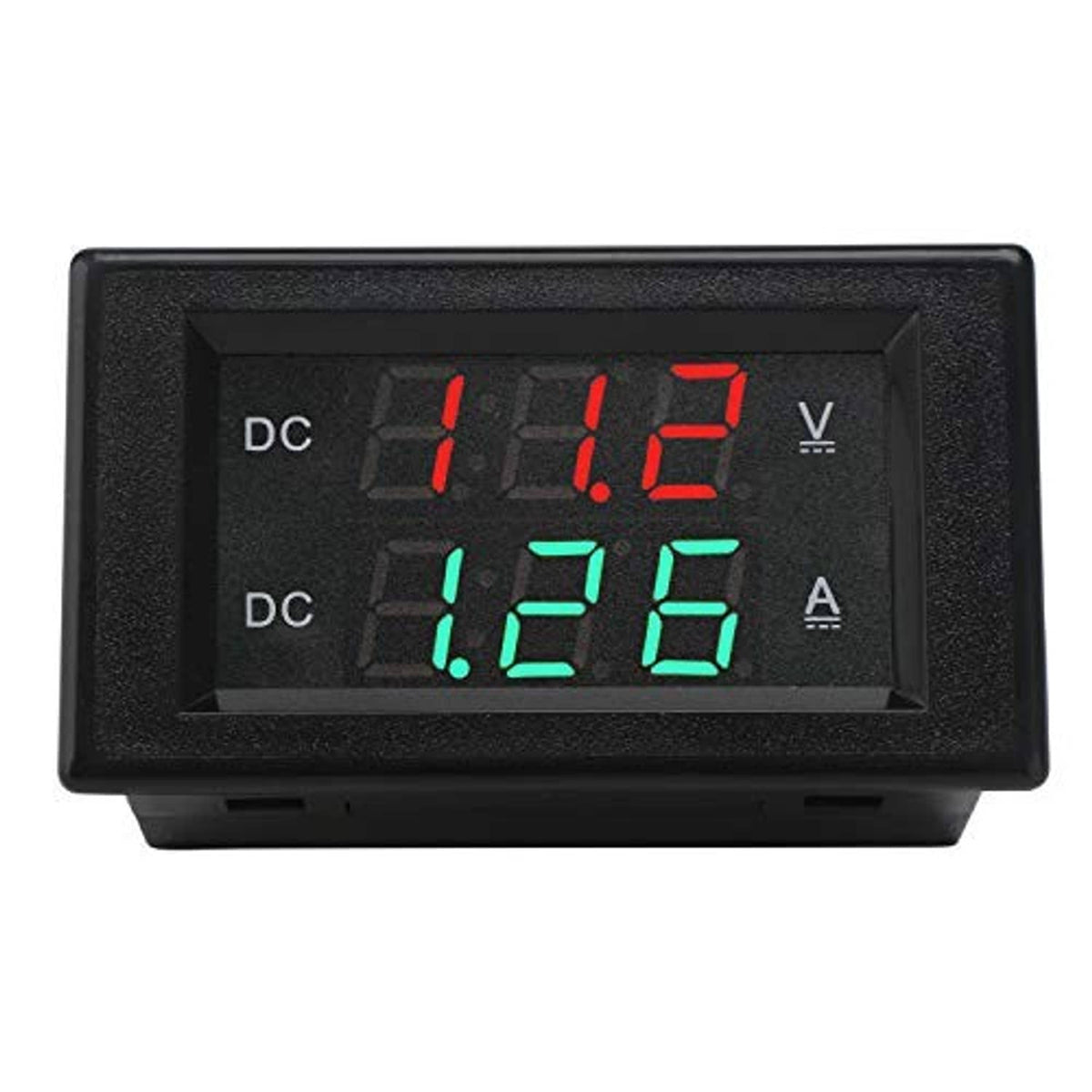 DC voltmeter ammeter panel meter front display with red voltage 1.12 and green current 0.26.
