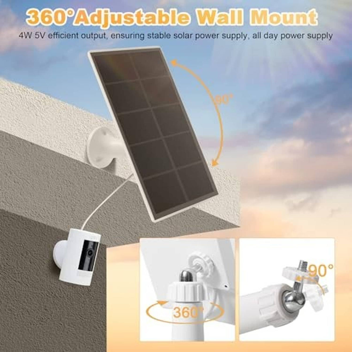 Adjustable dark solar panel on white wall mount with rotation angle shown