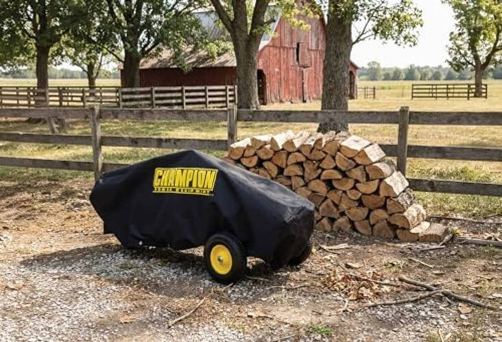 Champion weather-resistant log splitter cover, black over machine with exposed wheels
