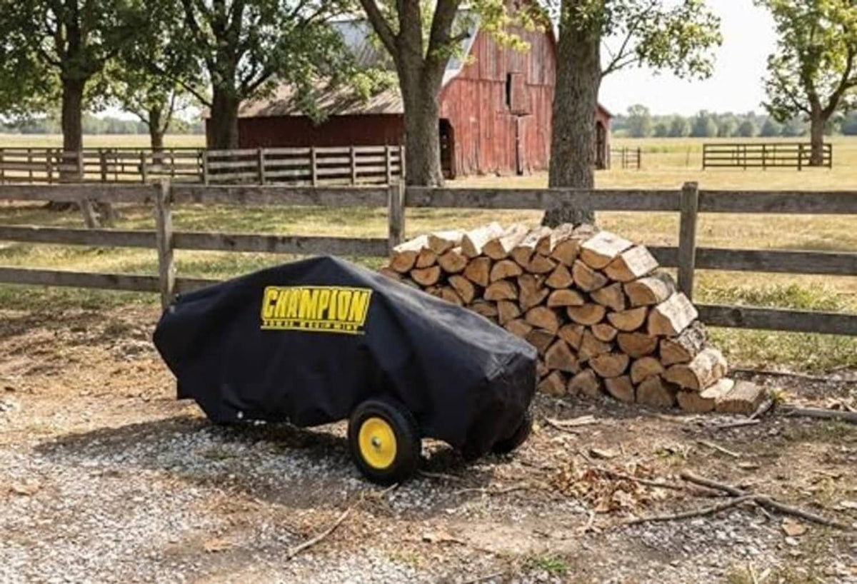 Champion weather-resistant log splitter cover, black over machine with exposed wheels
