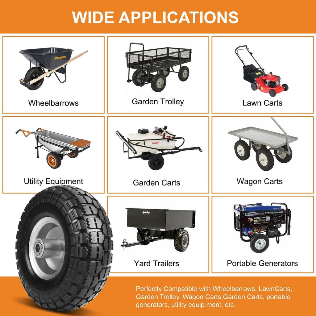 Black solid rubber wheel tire for wheelbarrows, garden trolleys, lawn carts, and trailers