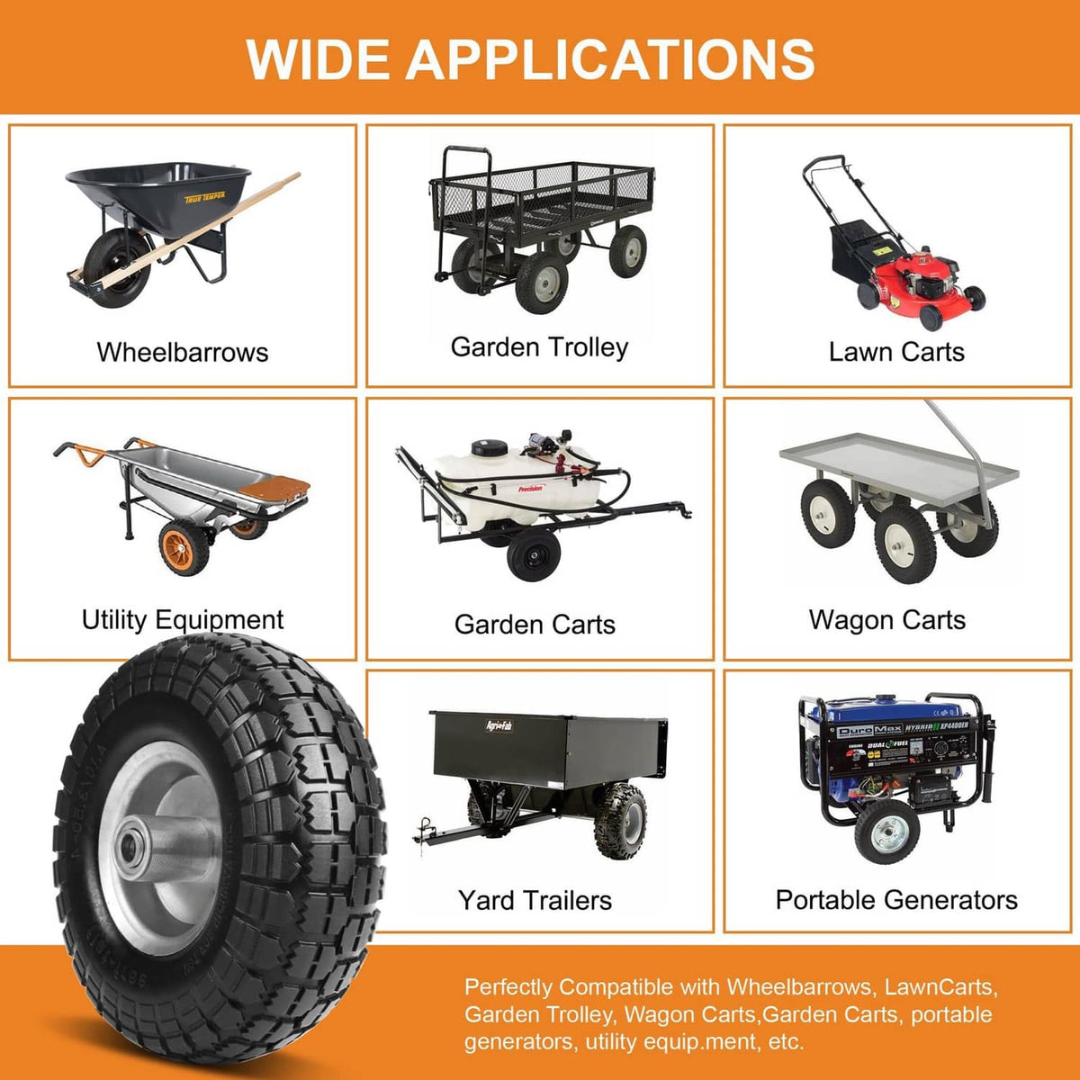 Black solid rubber wheel tire for wheelbarrows, garden trolleys, lawn carts, and trailers