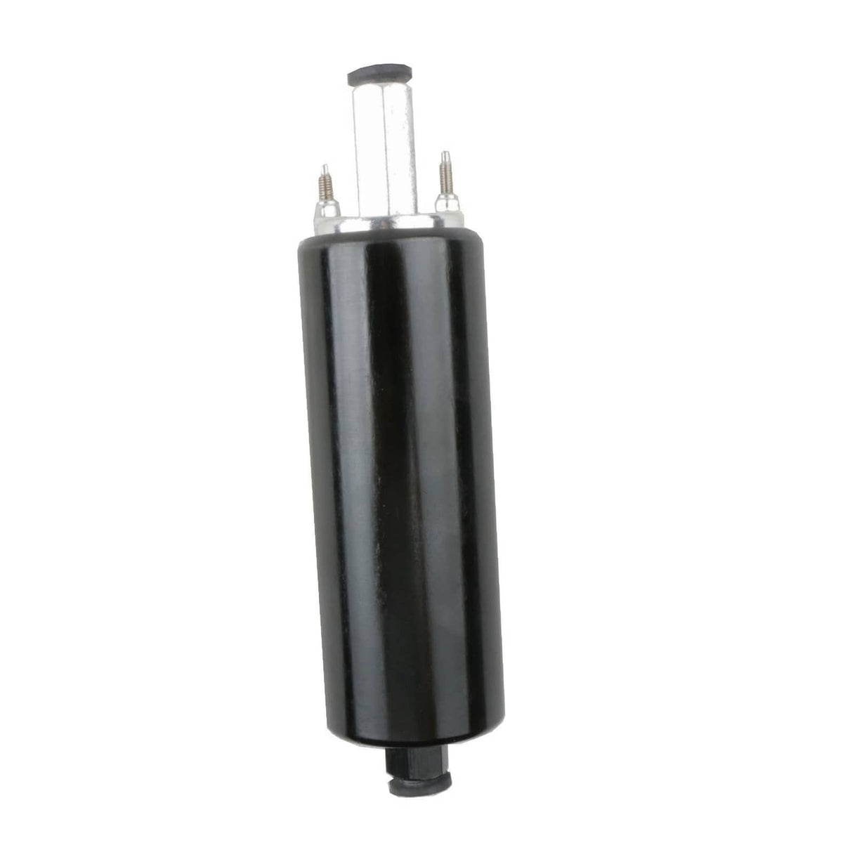 Inline fuel pump, black cylindrical body with metal fittings on top