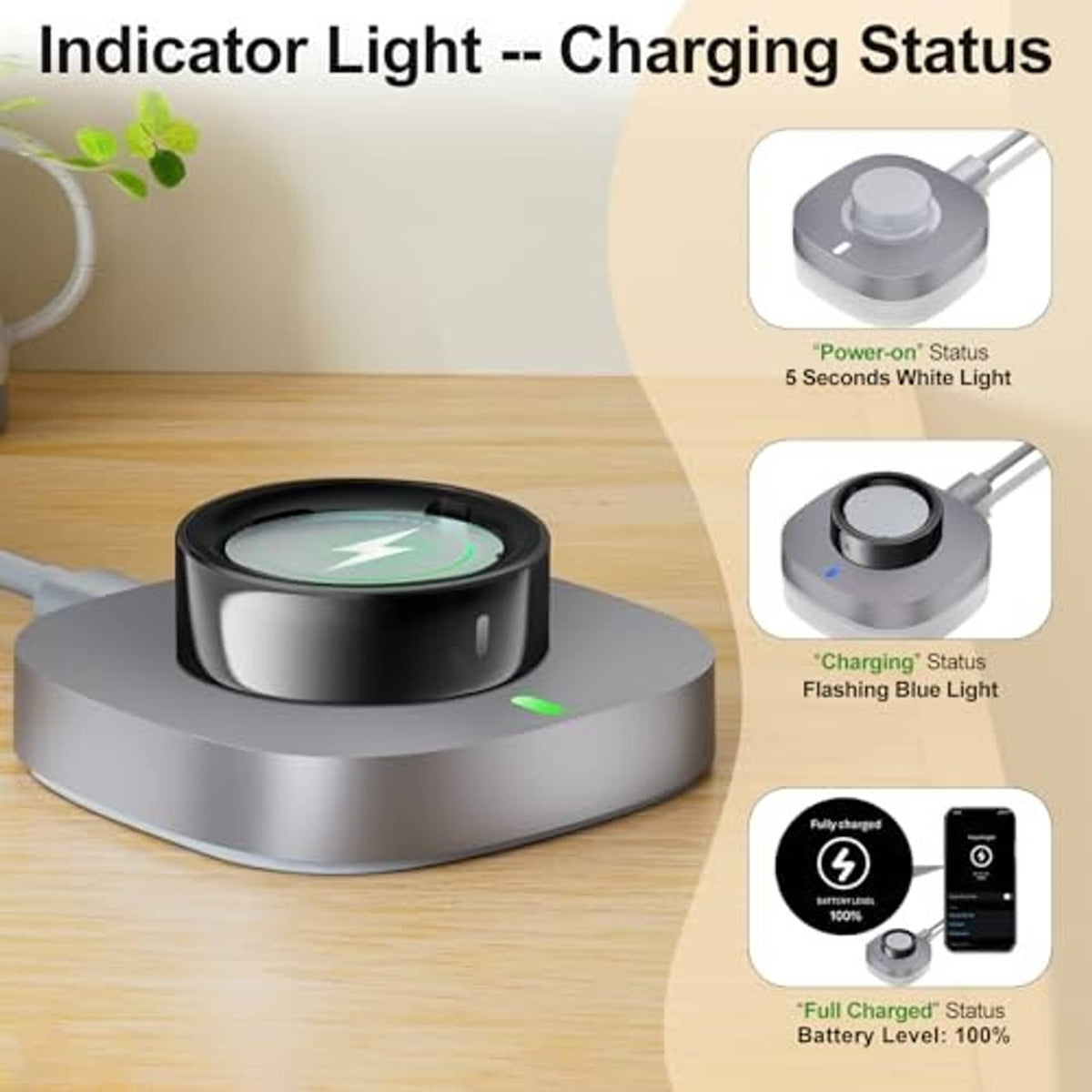 Charging dock with indicator light showing charging status and USB-C cable