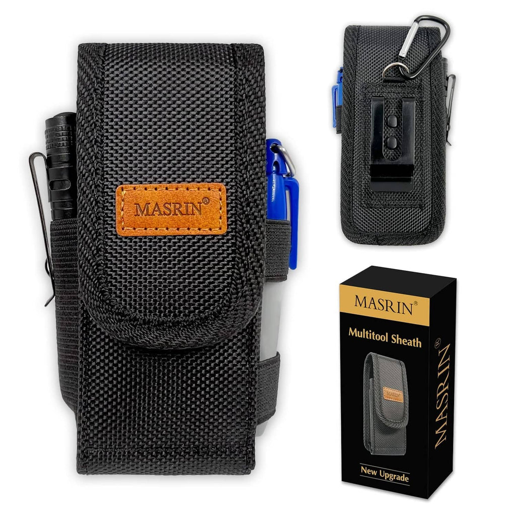 Black nylon EDC multitool sheath pouch with orange patch and blue attachment clip