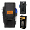 Black nylon EDC multitool sheath pouch with orange patch and blue attachment clip