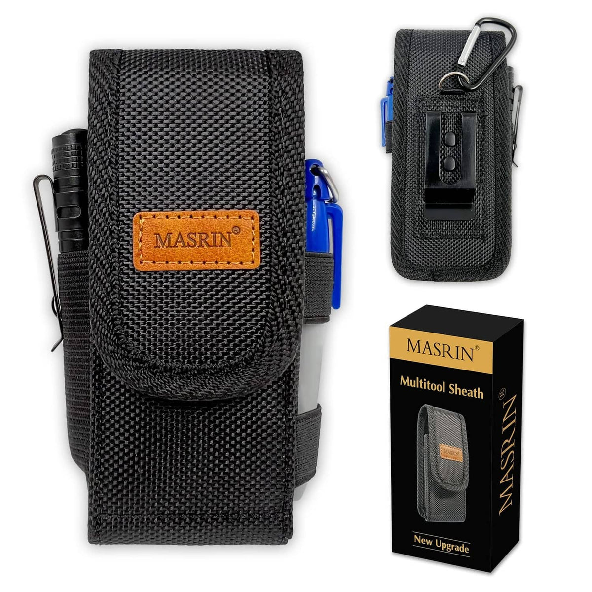 Black nylon EDC multitool sheath pouch with orange patch and blue attachment clip