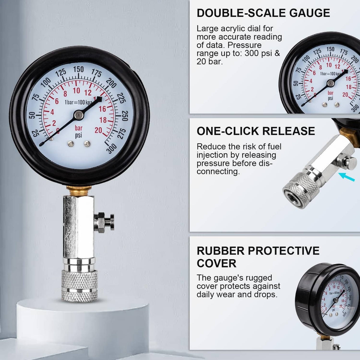 Pressure gauge with rubber protective cover and quick-release engine fitting