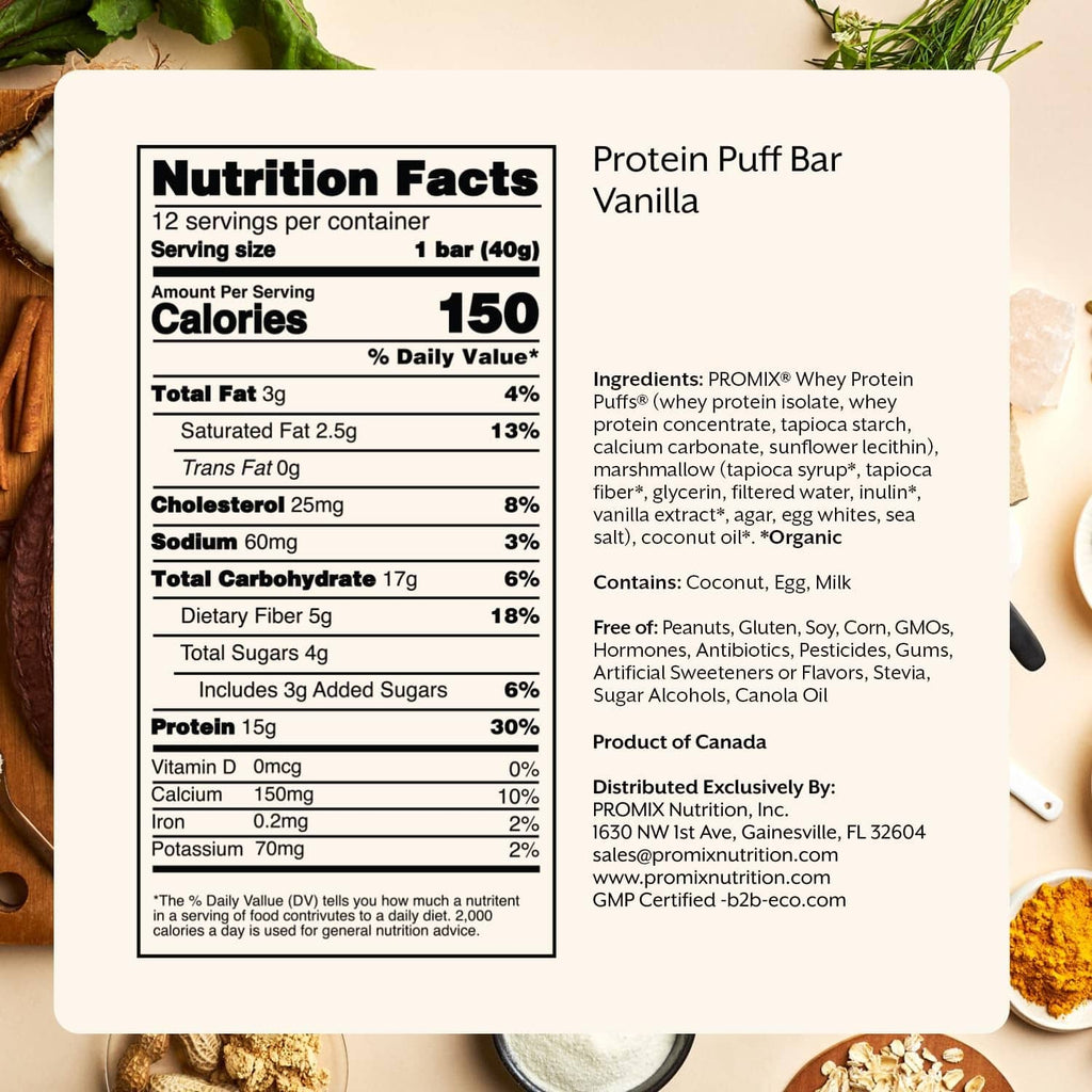 Vanilla protein puff bar Nutrition Facts and ingredients label panel