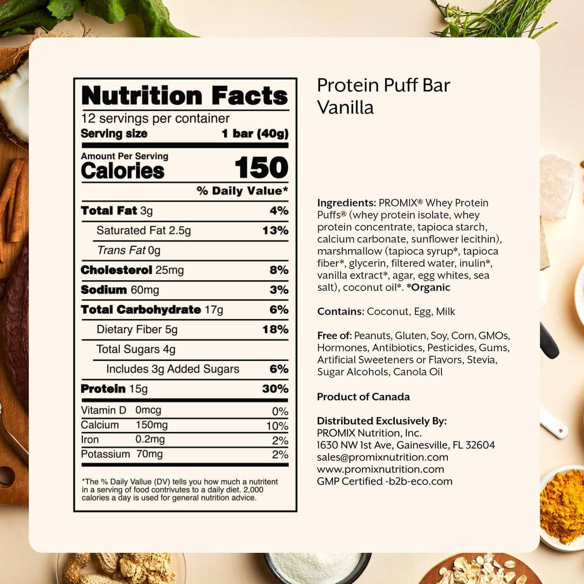 Vanilla protein puff bar Nutrition Facts and ingredients label panel