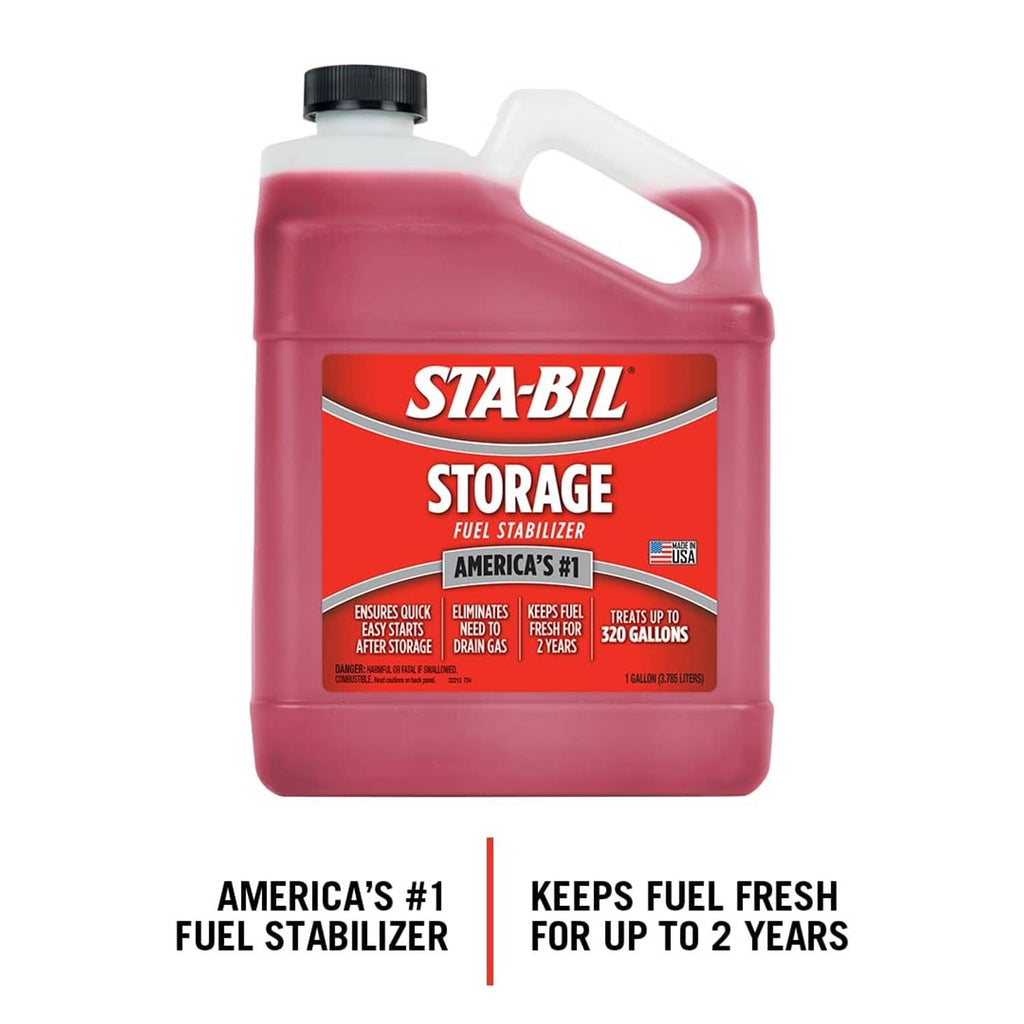 Red fuel stabilizer jug with black cap, front label and molded handle